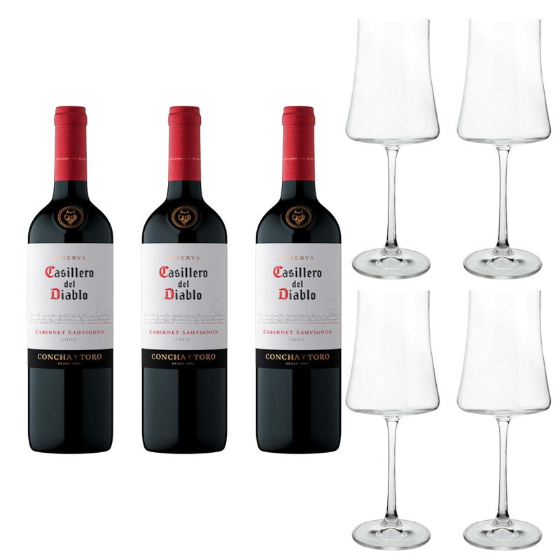 KIT com 3 Casillero del Diablo + 4 Taças Caesar de Crystal