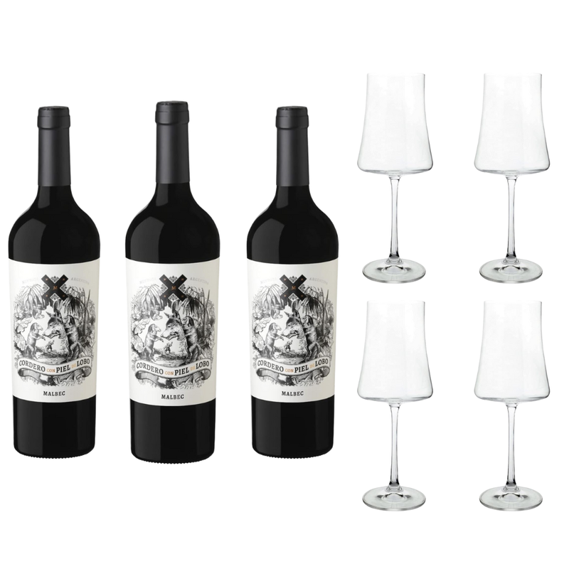 Kit com 3 Vinhos Cordero Con Piel de Lobo + 4 Taças Caesar de Crystal